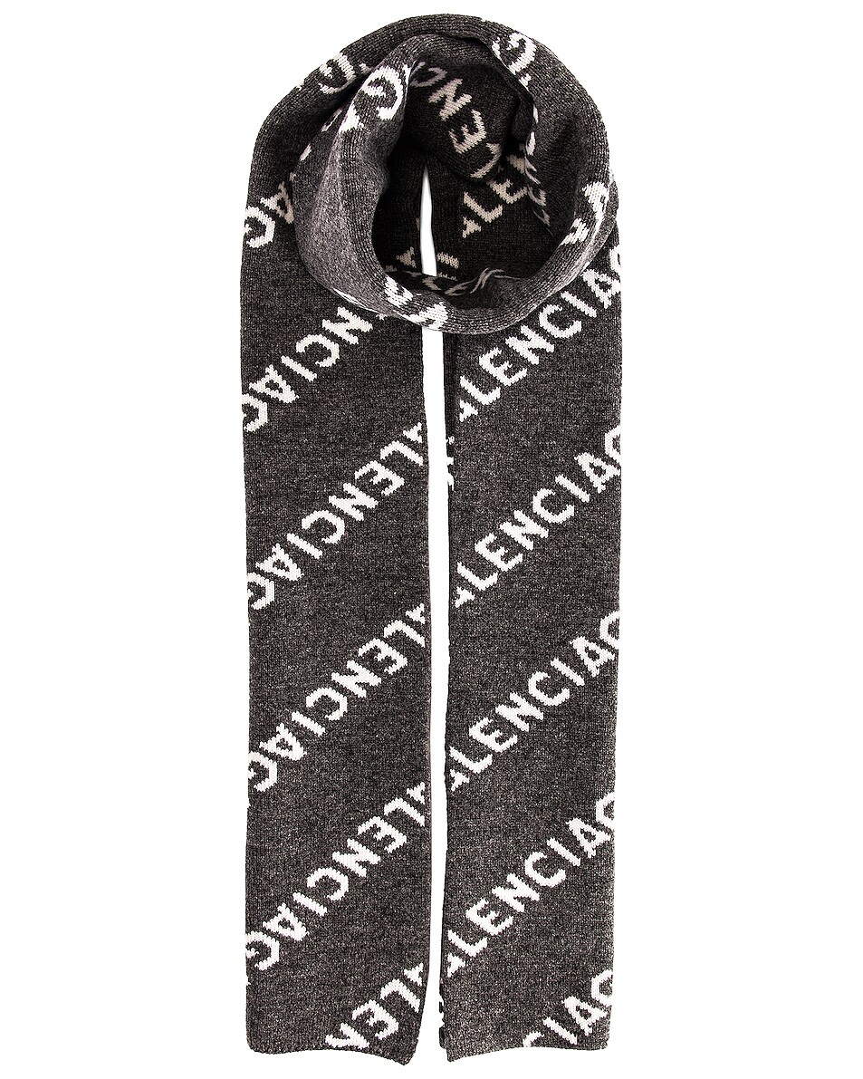 Image 1 of Balenciaga All Over Logo Scarf in Dark Grey & White