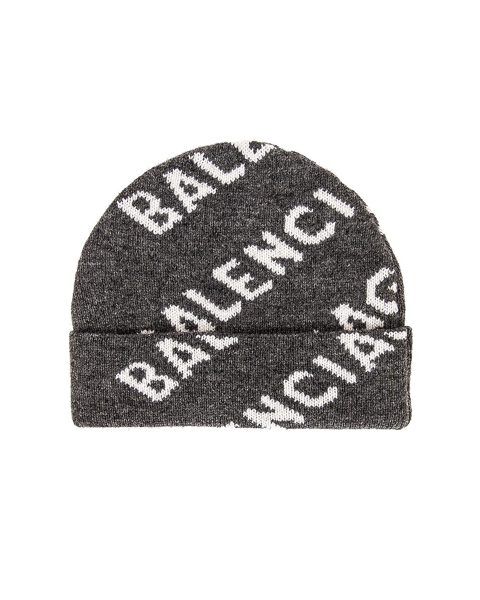 Image 1 of Balenciaga All Over Logo Beanie in Dark Grey & White
