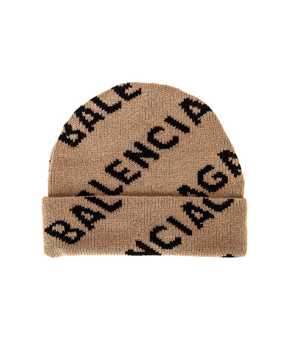 Image 1 of Balenciaga All Over Logo Beanie in Beige & Black