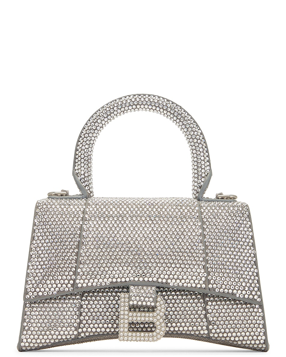 Image 1 of Balenciaga XS All Over Strass Hourglass Top Handle Bag in Grey & Crystal