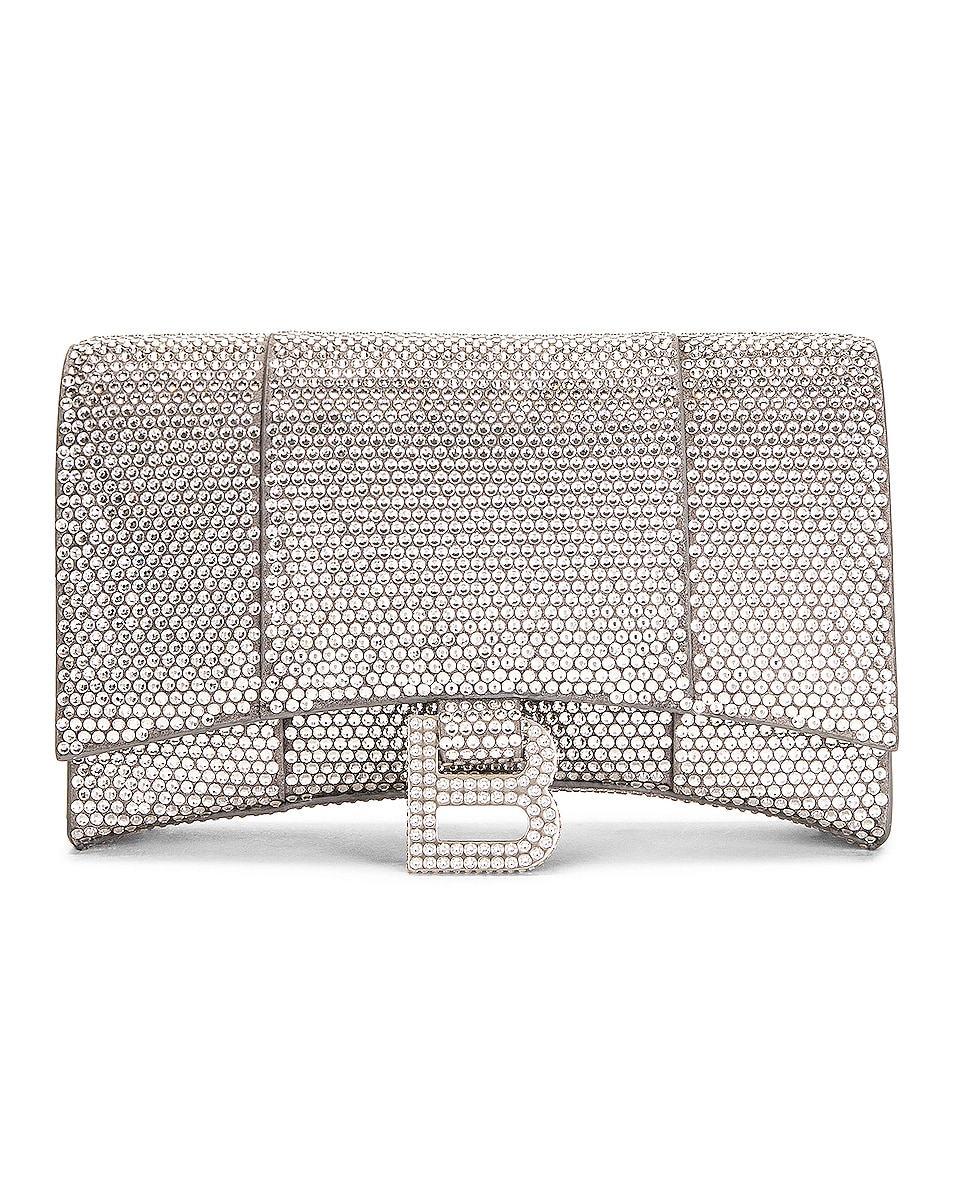 Image 1 of Balenciaga All Over Strass Hourglass Wallet On Chain Bag in Grey & Crystal