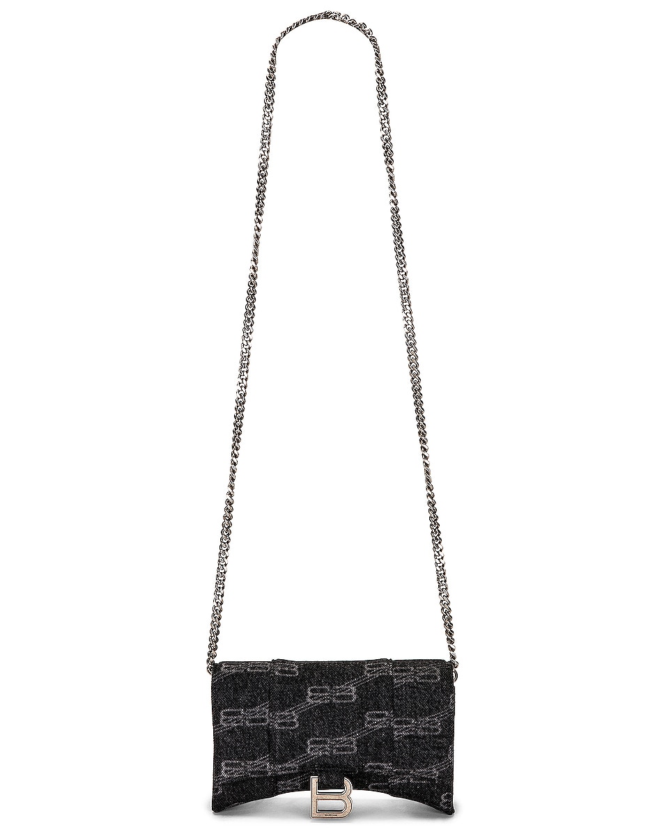 Image 1 of Balenciaga Denim Monogram Hourglass Wallet On Chain Bag in Black