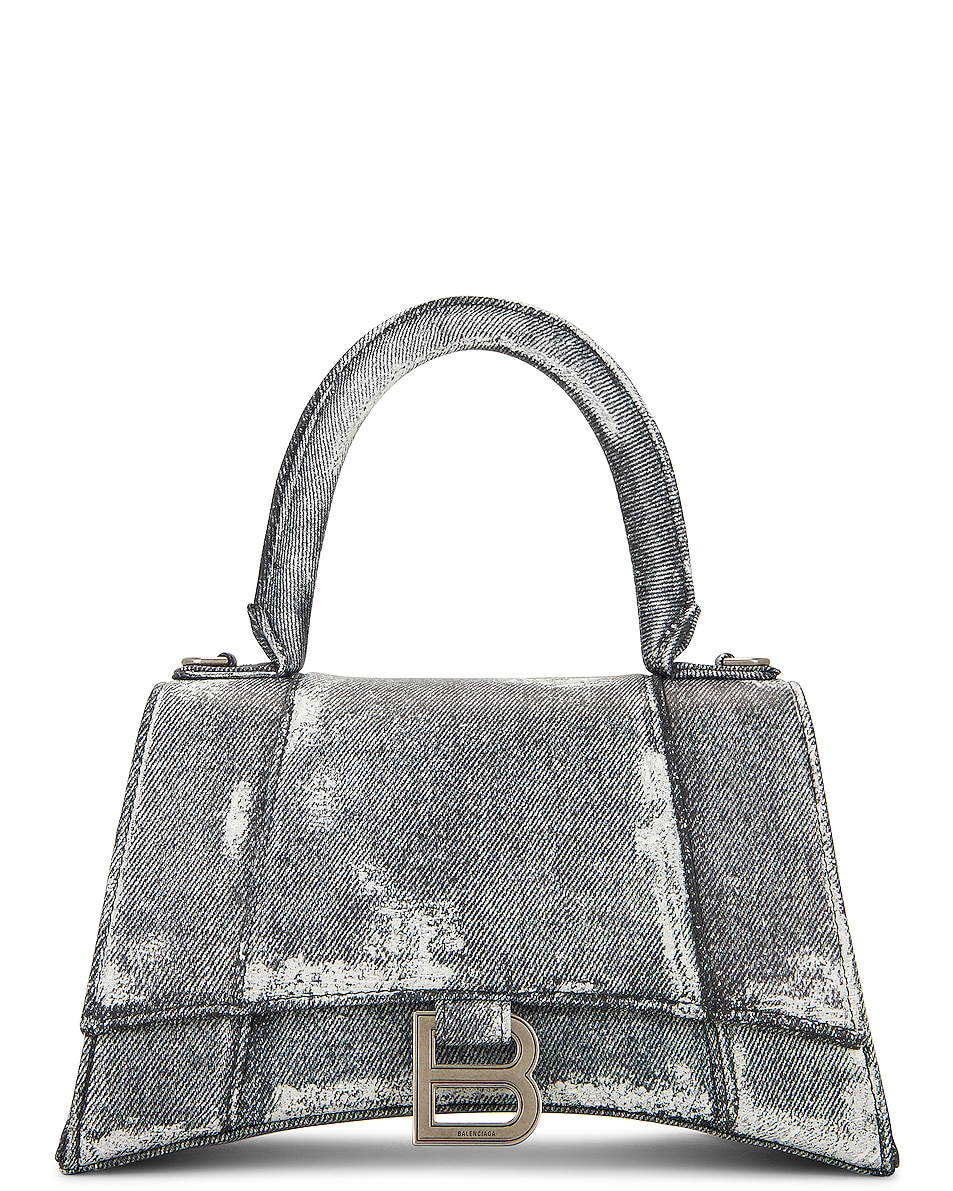 Image 1 of Balenciaga Small Hourglass Denim Printed Top Handle Bag in Black