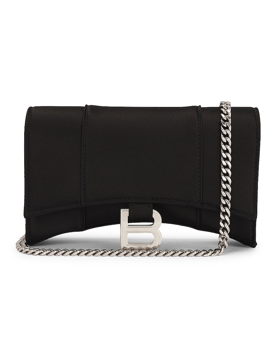 Image 1 of Balenciaga Hourglass Satin Wallet On Chain in Black