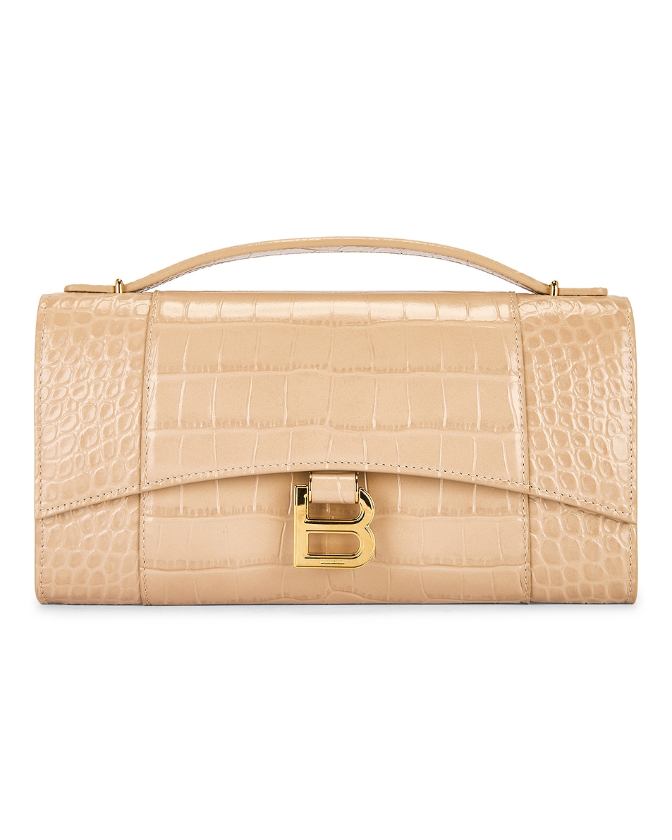 Image 1 of Balenciaga Hourglass Embossed Croc Pouch Handle Bag in Nude