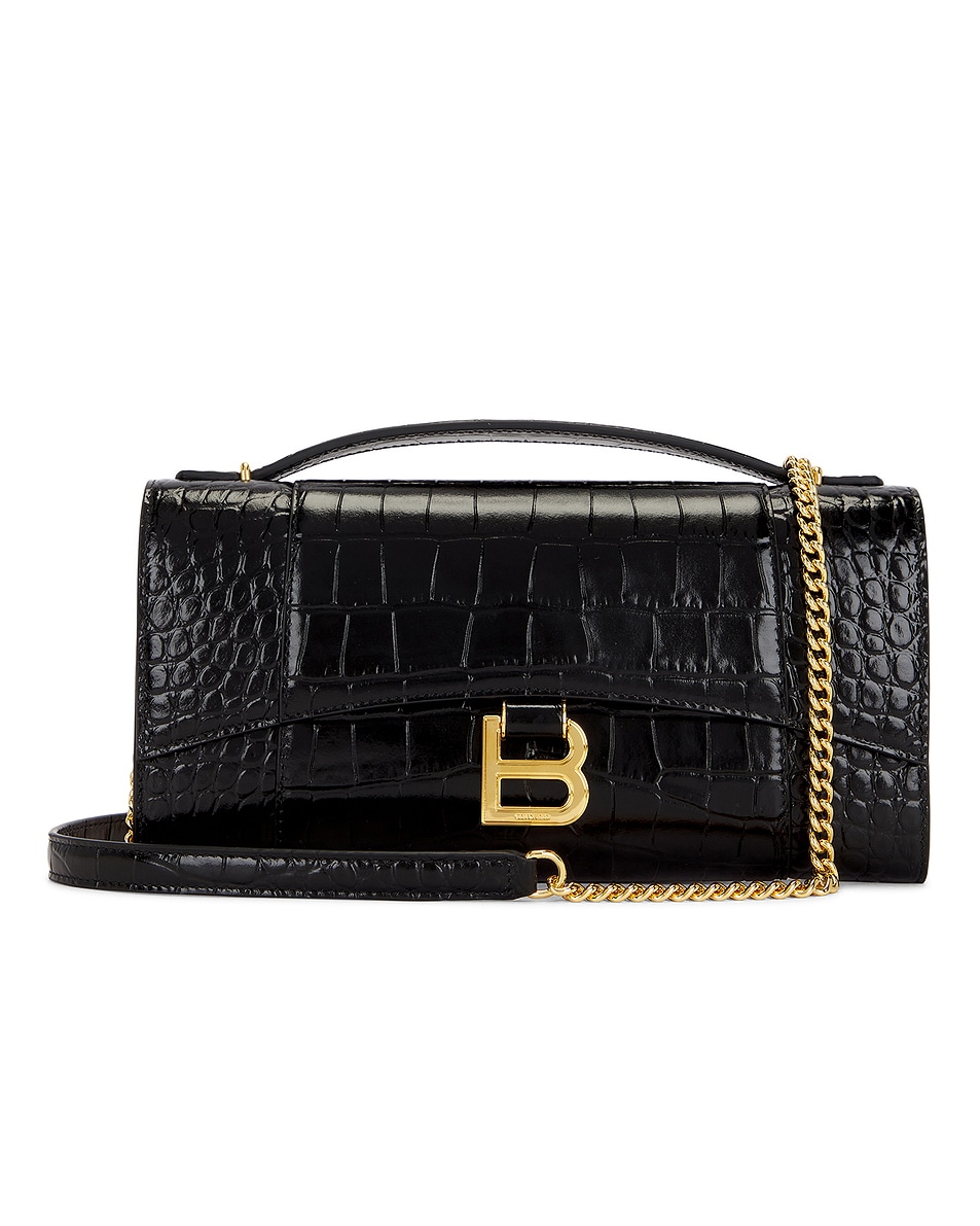 Image 1 of Balenciaga Hourglass Embossed Croc Pochette Bag in Black