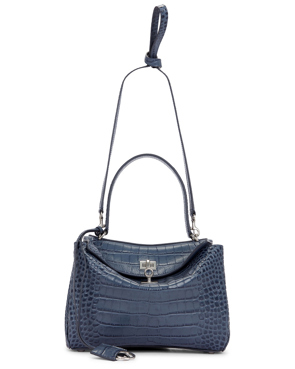 Image 1 of Balenciaga Rodeo Small Embossed Croc Top Handle Bag in Faded Dark Blue
