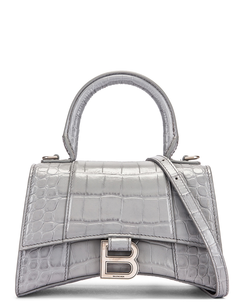 Image 1 of Balenciaga XS Embossed Croc Hourglass Top Handle Bag in Balenciaga Grey
