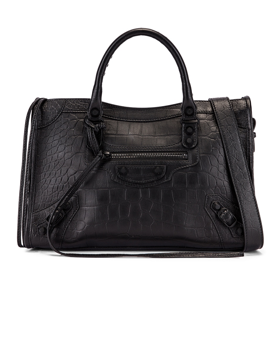 Image 1 of Balenciaga Small Embossed Croc Classic City Bag in Black
