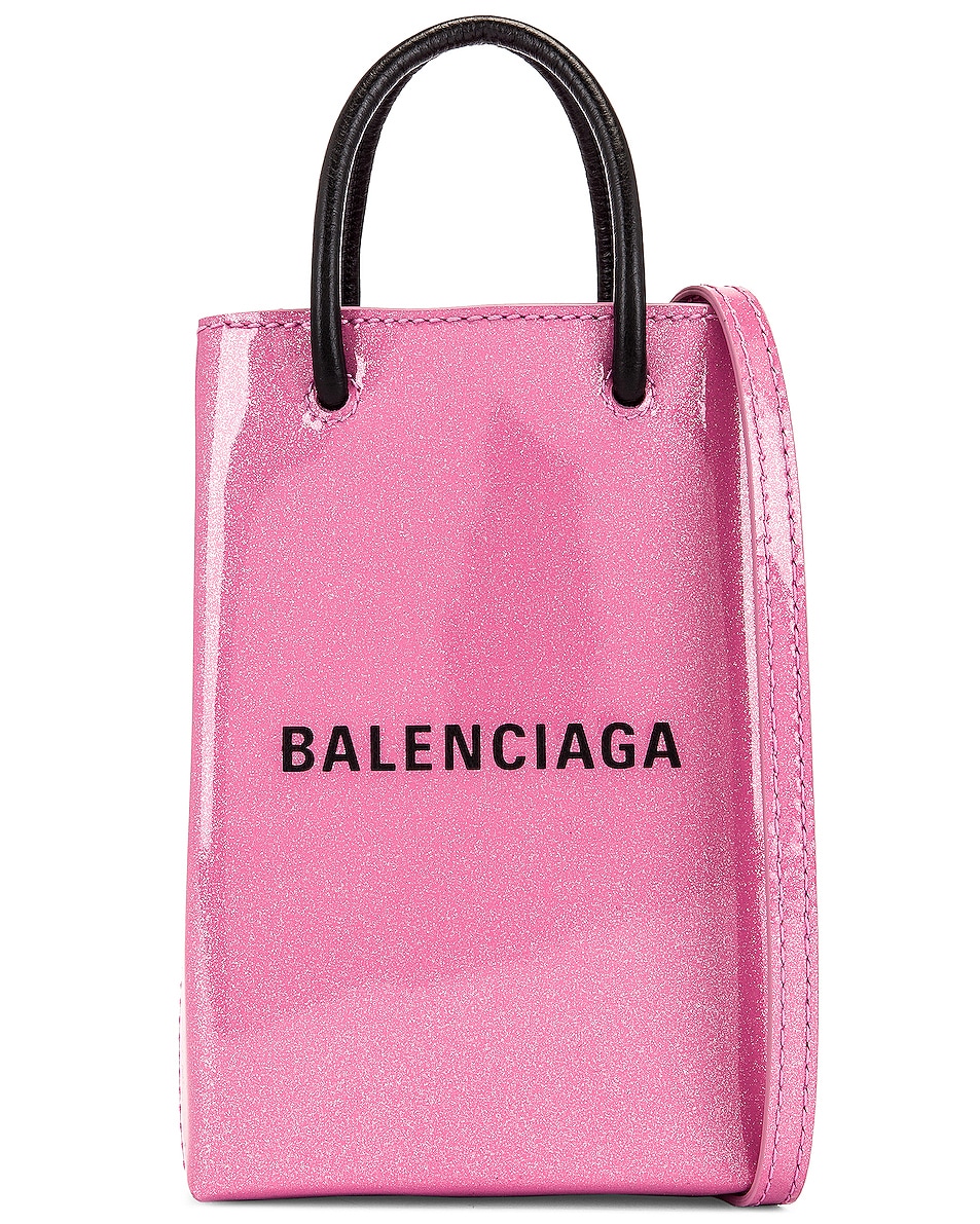 Image 1 of Balenciaga Glitter Shopping Phone on Strap Bag in Old Rose
