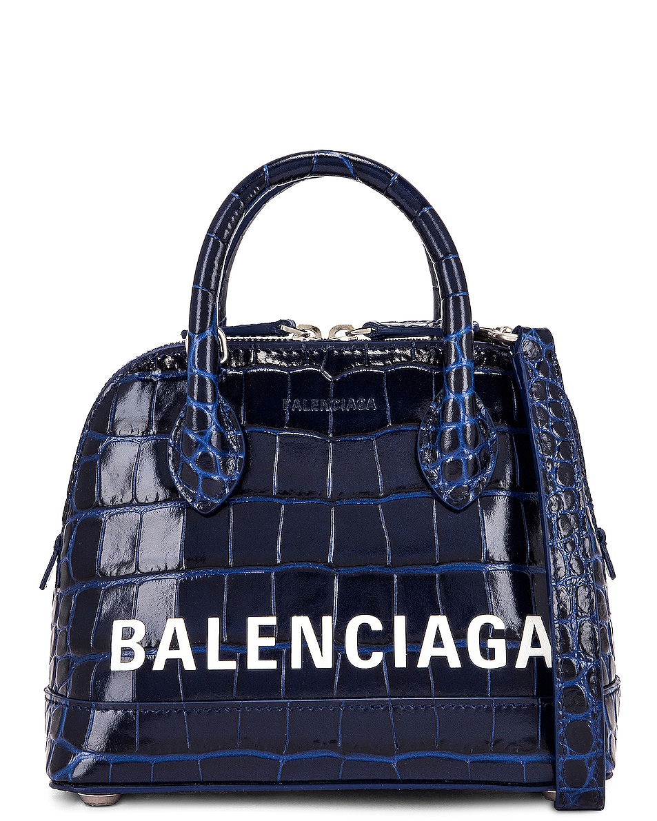 Image 1 of Balenciaga XXS Embossed Croc Ville Top Handle Bag in Navy & White