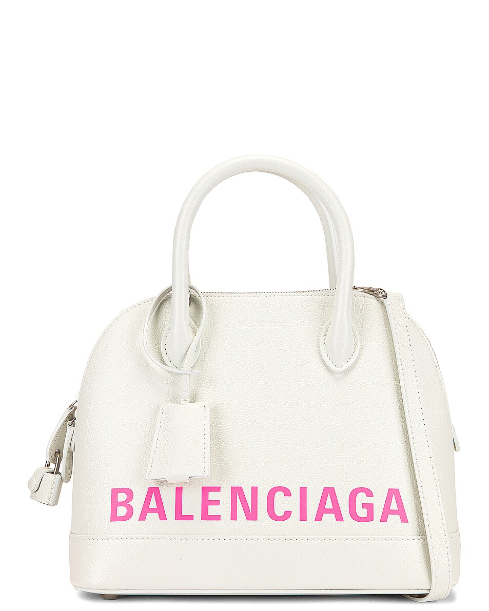Image 1 of Balenciaga Small Logo Ville Top Handle Bag in White & Fluo Pink