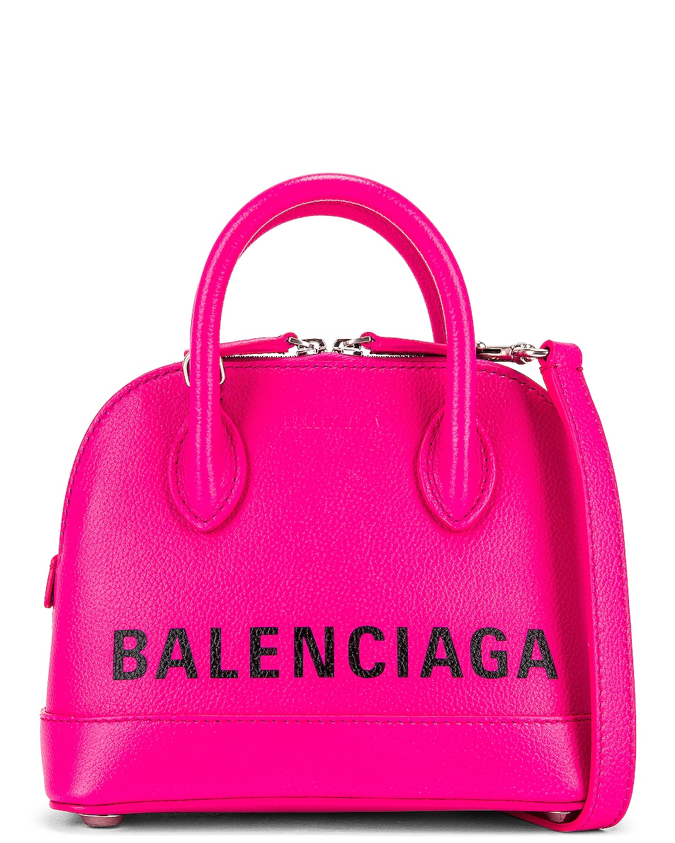 Image 1 of Balenciaga XXS Logo Ville Top Handle Bag in Acid Fuchsia & Black