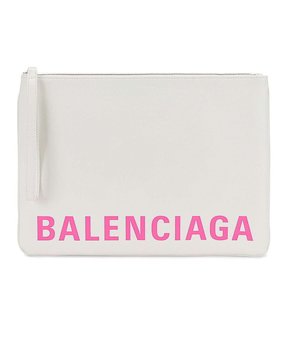 Image 1 of Balenciaga Large Cash Handle Pouch in White & Fluo Pink