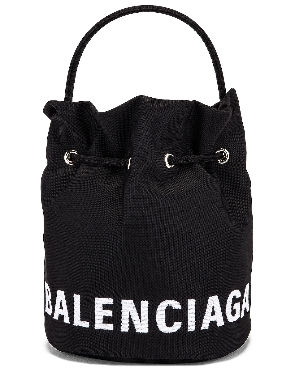 Image 1 of Balenciaga XS Wheel Drawstring Bucket Bag in Black & Black