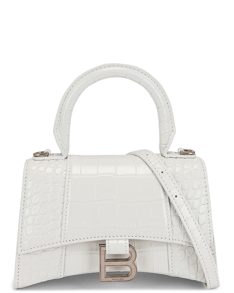 Balenciaga XS Embossed Croc Hourglass Top Handle Bag in White | FWRD