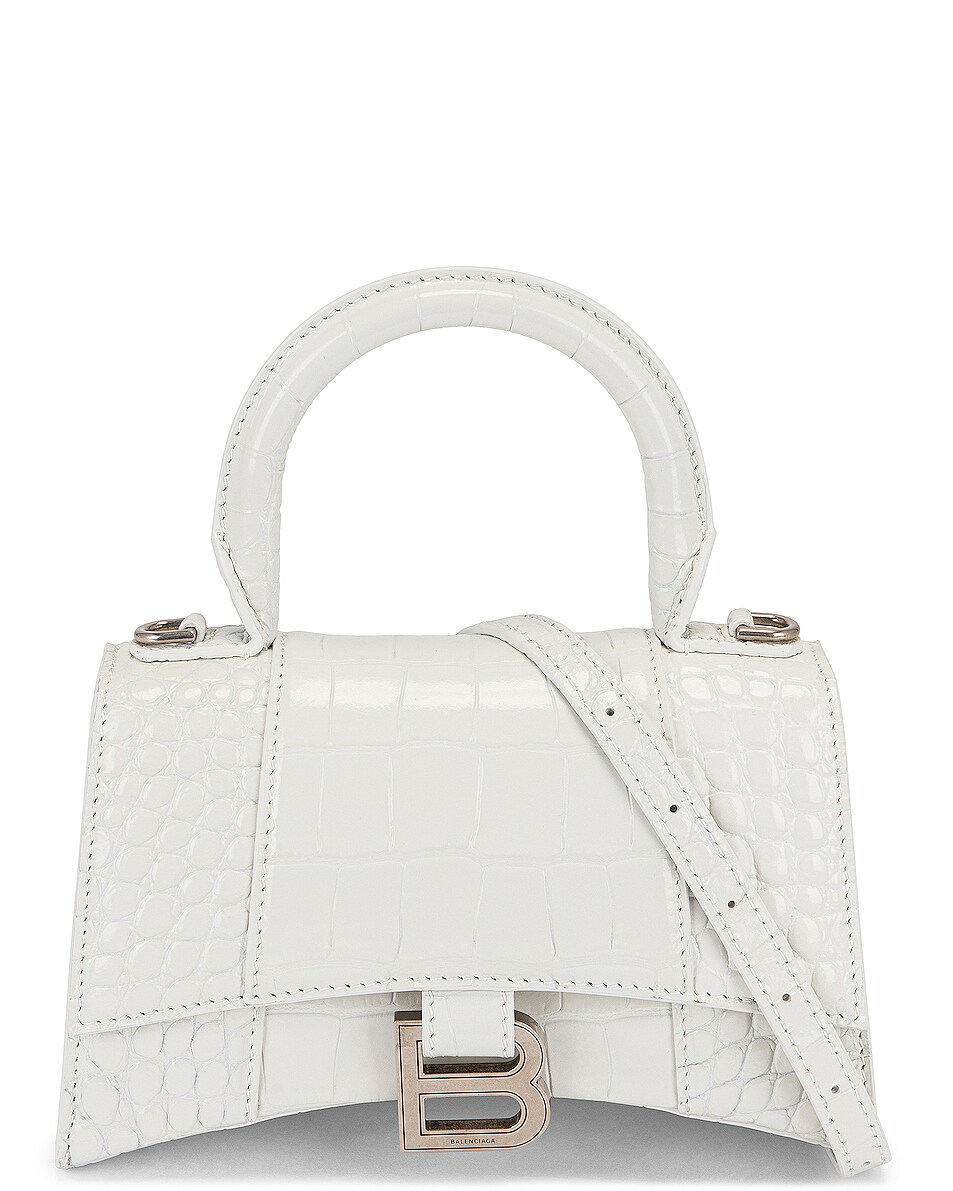 Image 1 of Balenciaga XS Embossed Croc Hourglass Top Handle Bag in White