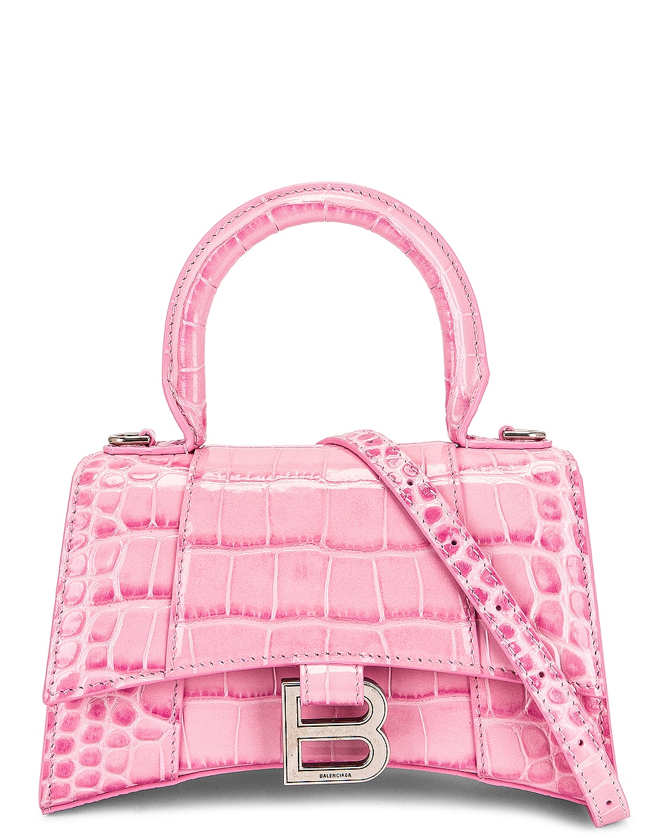 Balenciaga XS Embossed Croc Hourglass Top Handle Bag in Pink | FWRD