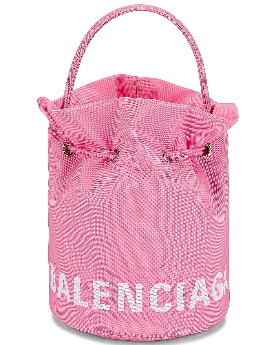 Balenciaga XS Wheel Drawstring Bucket Bag in Pink & Light White FWRD