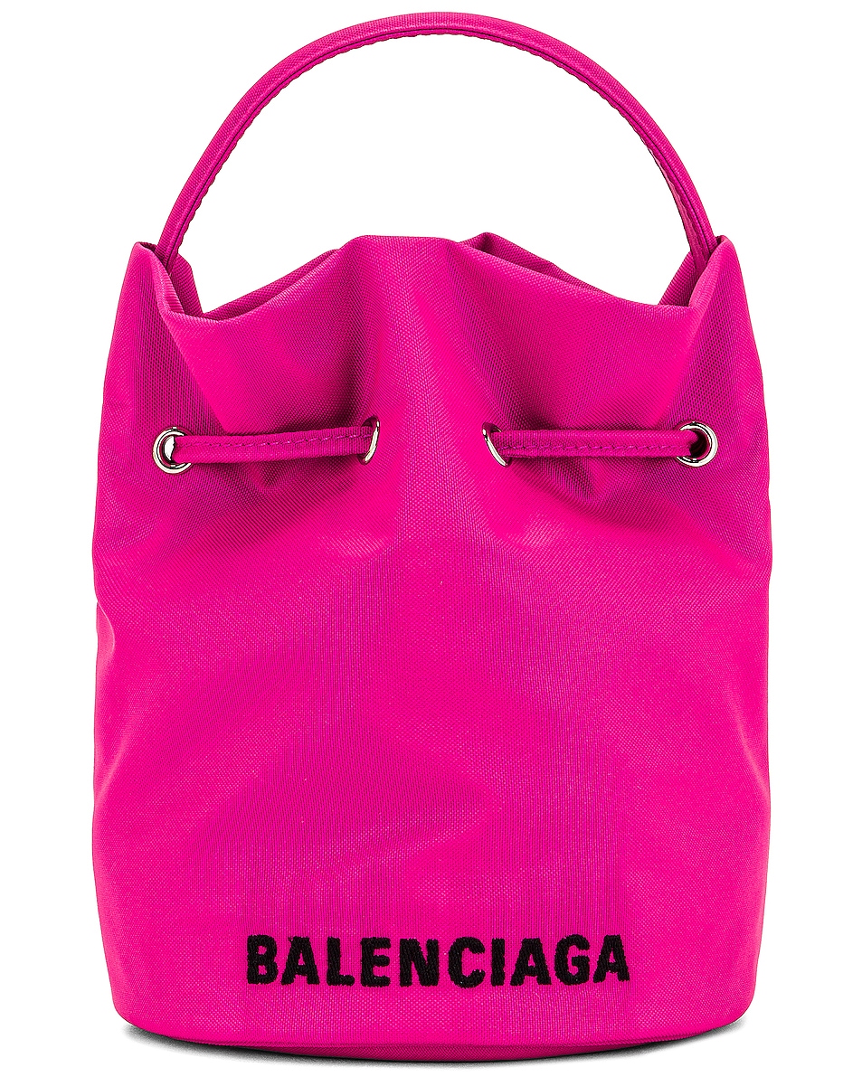 Image 1 of Balenciaga XS Wheel Drawstring Bag in Fluo Pink & Black