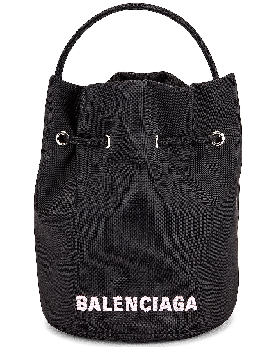 Image 1 of Balenciaga Wheel Drawstring Bag in Black & Candy Pink