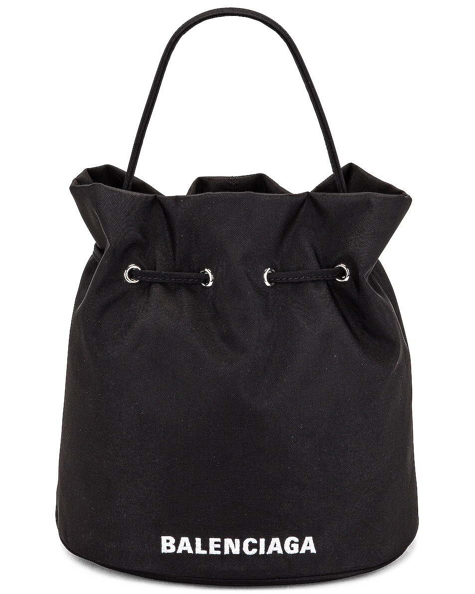 Image 1 of Balenciaga Small Wheel Drawstring Bucket Bag in Black & Light White
