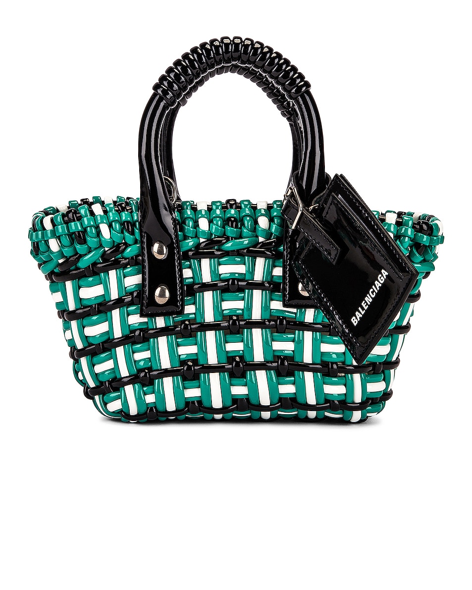 Image 1 of Balenciaga XXS Bistro Basket Bag in Black & Optical White & Emerald Green