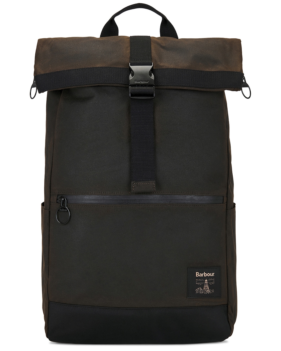 Image 1 of Barbour Field Wax Fold Over Backpack in Olive & Black