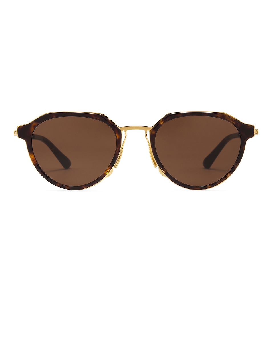 Image 1 of Bottega Veneta Thin Triangle Sunglasses in Havana, Gold, & Brown