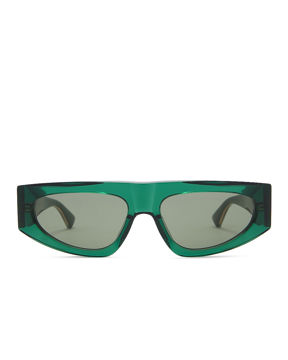 Image 1 of Bottega Veneta Nude Triangle Sunglasses in Shiny Transparent Bottle Green