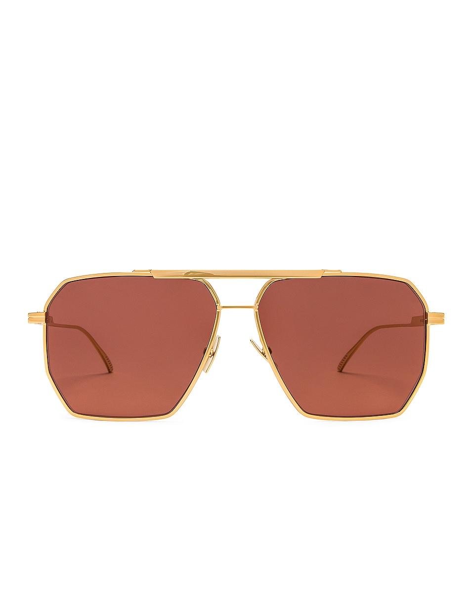 Image 1 of Bottega Veneta Light Ribbon Pilot Sunglasses in Shiny Gold & Solid Warm Brown