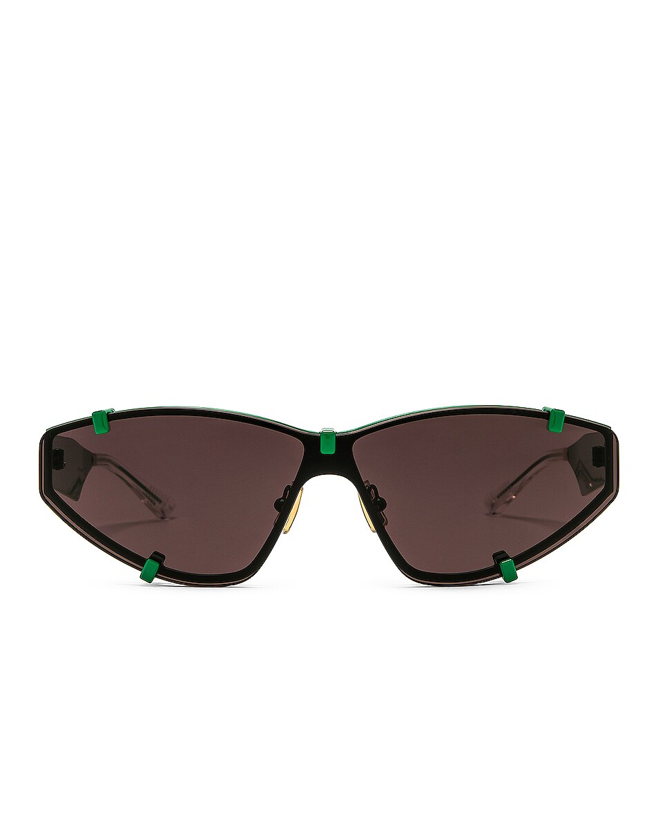 Image 1 of Bottega Veneta Sporty Mask Sunglasses in Shiny Solid Varnished Green