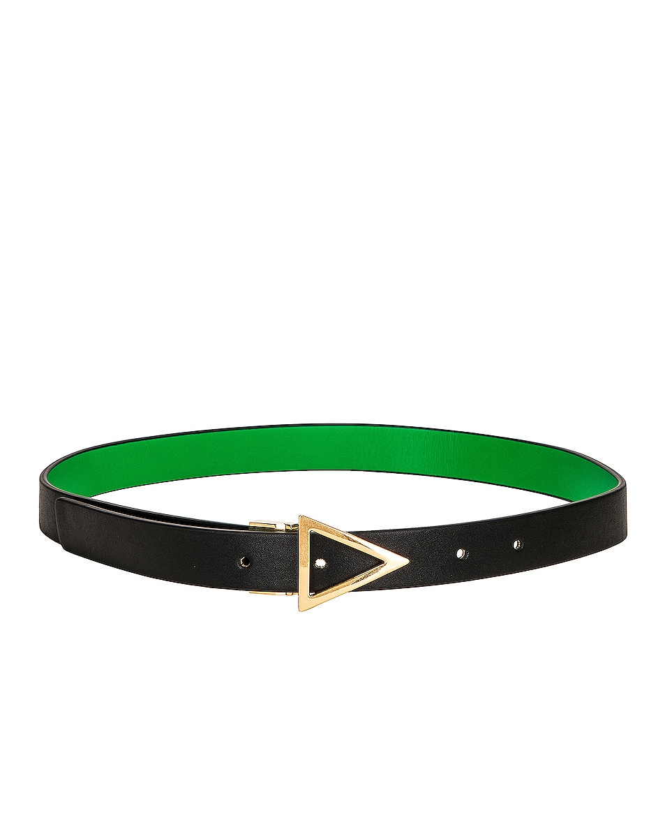 Image 1 of Bottega Veneta Reversible Triangle Leather Belt in Black, Parakeet, & Gold