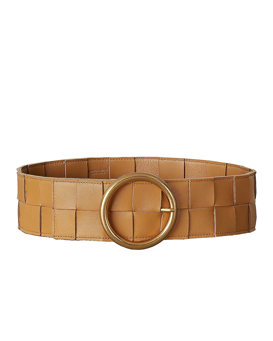 Image 1 of Bottega Veneta Leather Woven Belt in Carmello & Gold