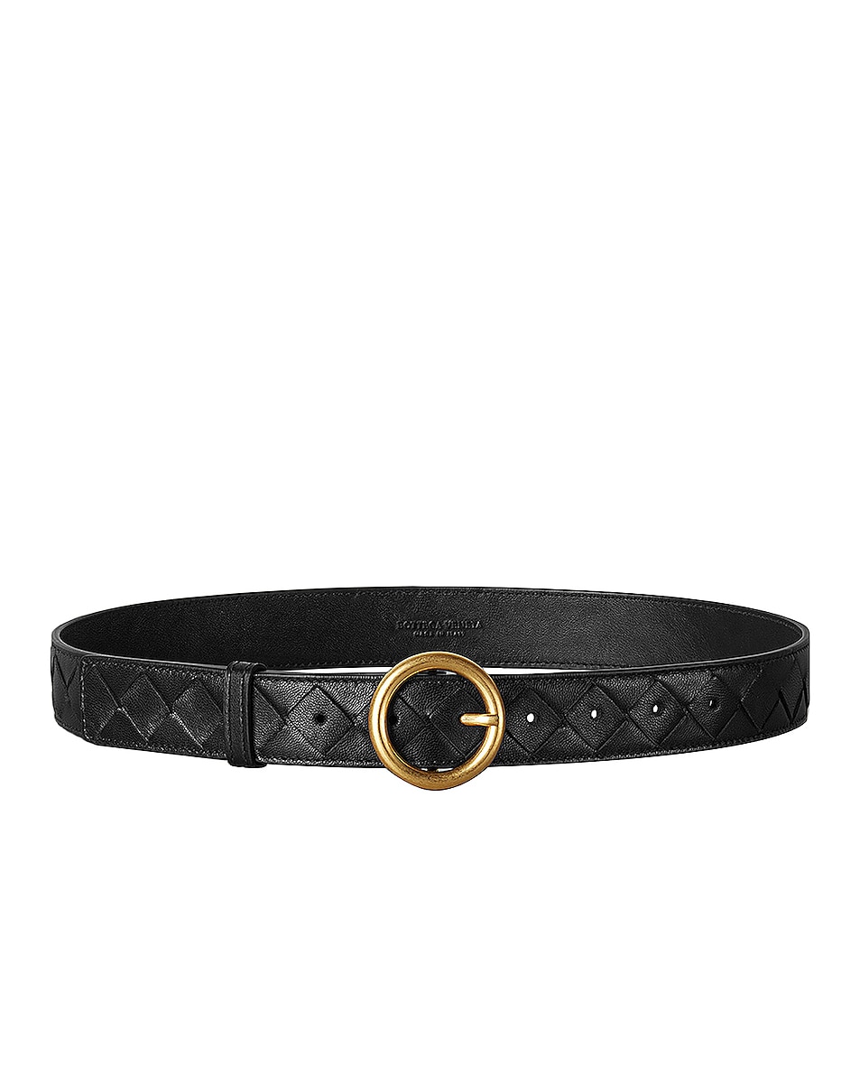 Bottega Veneta Leather Belt in Black & Gold | FWRD