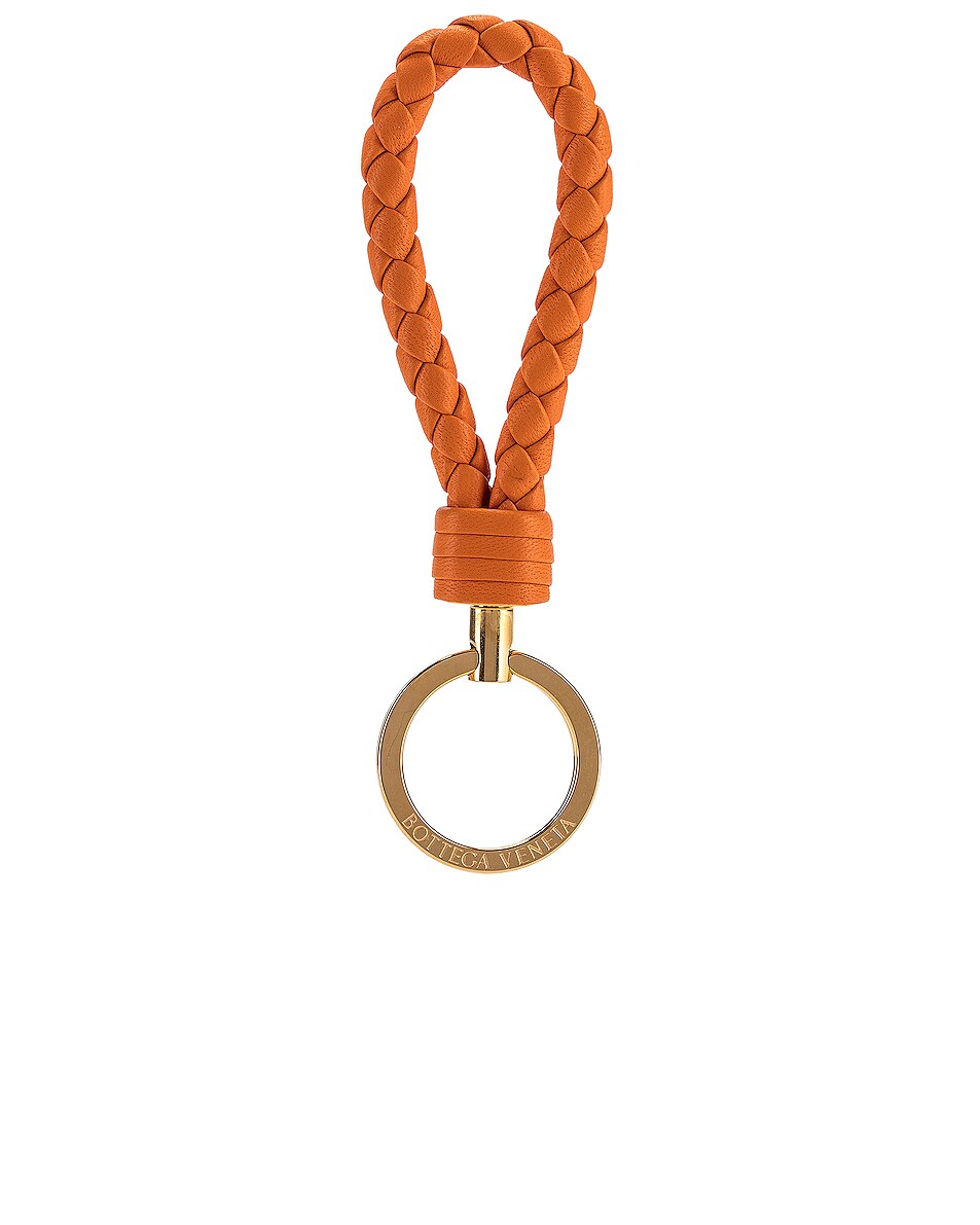 Image 1 of Bottega Veneta Leather Woven Key Ring in Light Orange & Gold