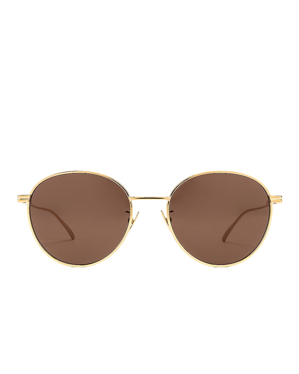Image 1 of Bottega Veneta Metal Round Sunglasses in Shiny Gold & Brown