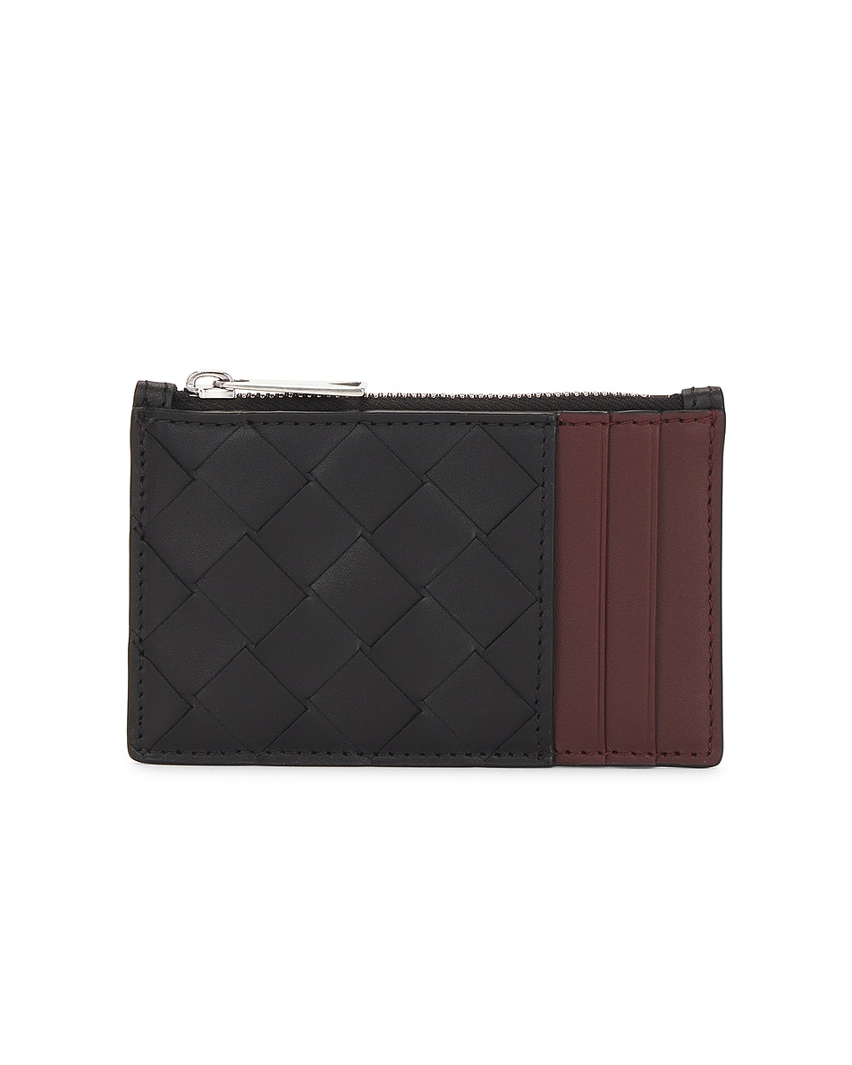 Image 1 of Bottega Veneta Intrecciato Zipped Card Case in Black & Madder Brown