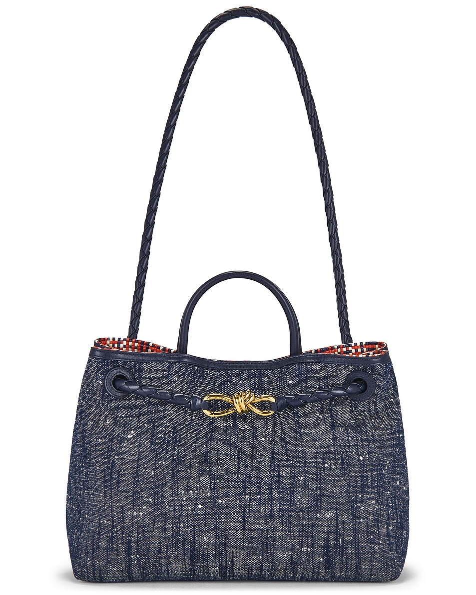 Image 1 of Bottega Veneta Medium Andiamo Denim Bag in Navy, White, Abyss, Tan, & Muse Brass
