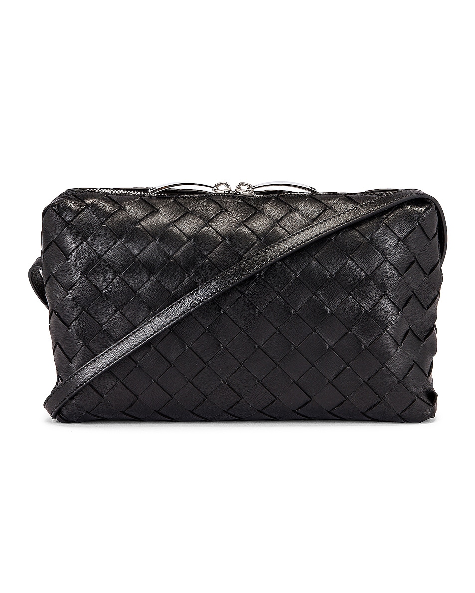 Image 1 of Bottega Veneta Leather Woven Crossbody Bag in Black & Silver
