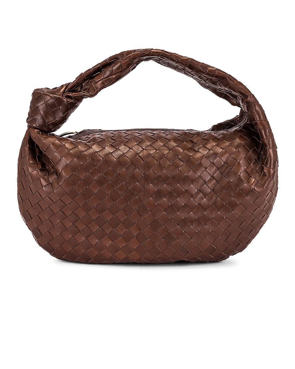 Image 1 of Bottega Veneta Leather Woven Shoulder Bag in Bark & Gold