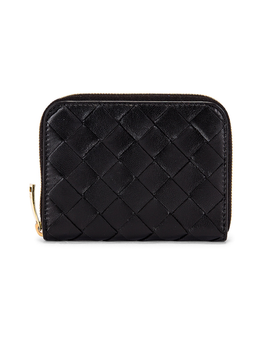 Image 1 of Bottega Veneta Leather Woven Zip Around Wallet in Black & Gold