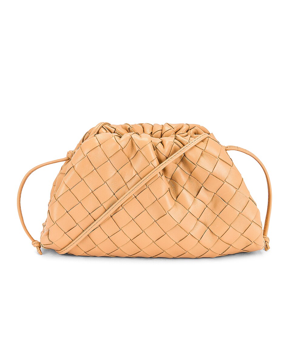 Image 1 of Bottega Veneta Mini Leather Woven Pouch Clutch Crossbody Bag in Almond & Gold