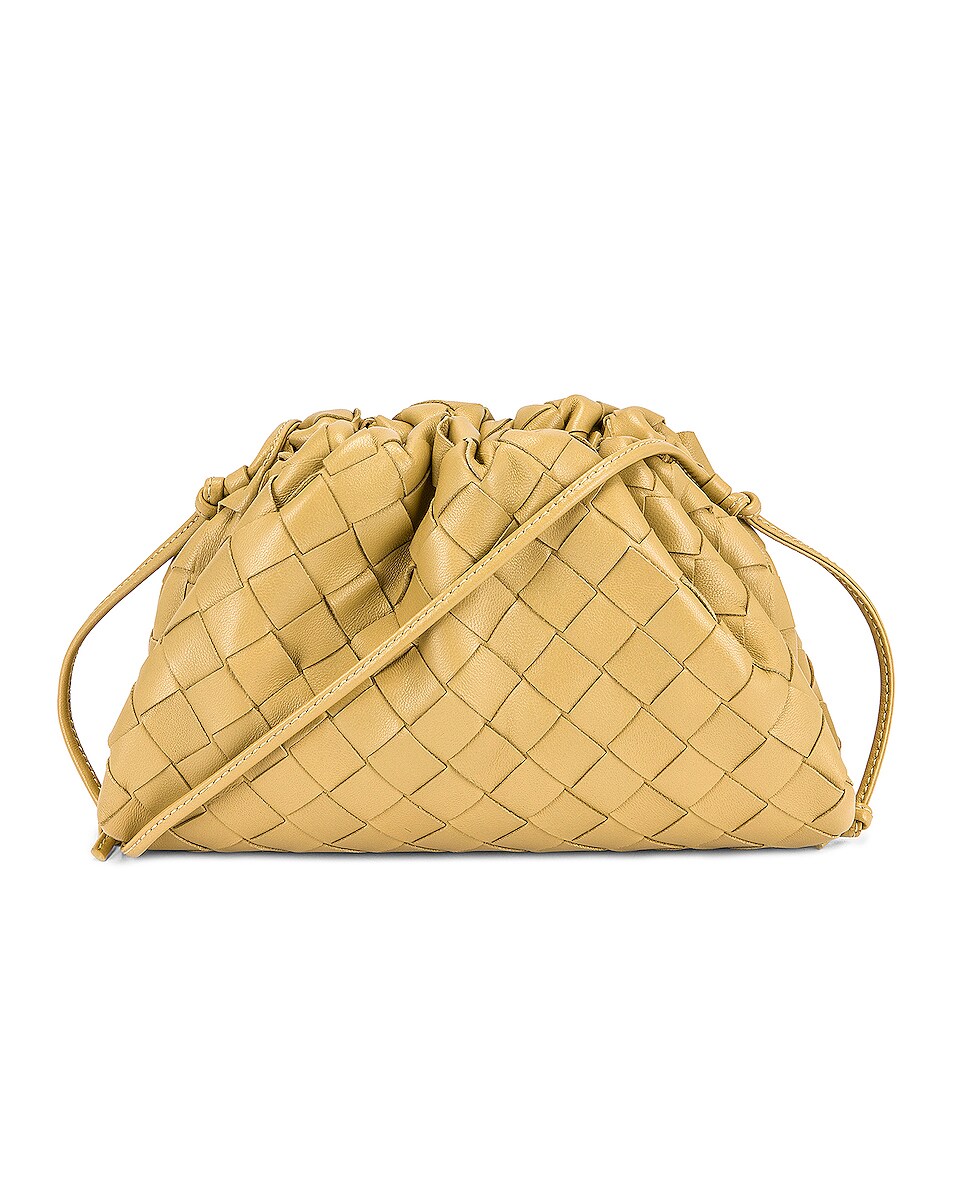 Image 1 of Bottega Veneta Mini Leather Woven Pouch Clutch Crossbody Bag in Tapioca & Gold