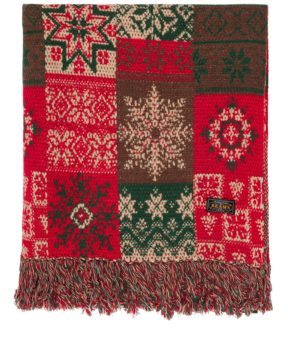 Image 1 of Beams Plus Blanket Double Jacquard Patchwork Like Pattern in Red