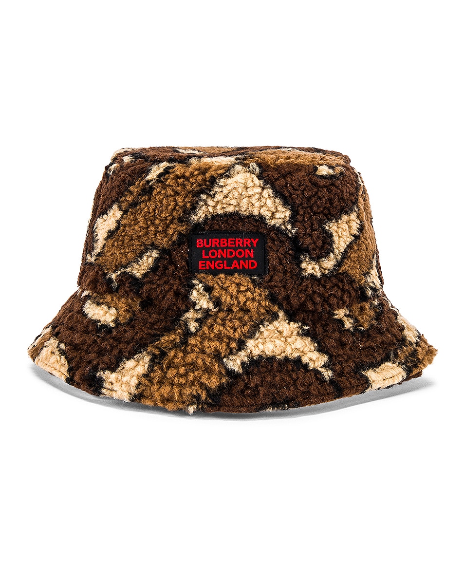 Image 1 of Burberry Fleece Bucket Hat in Bridle Brown IP Pattern