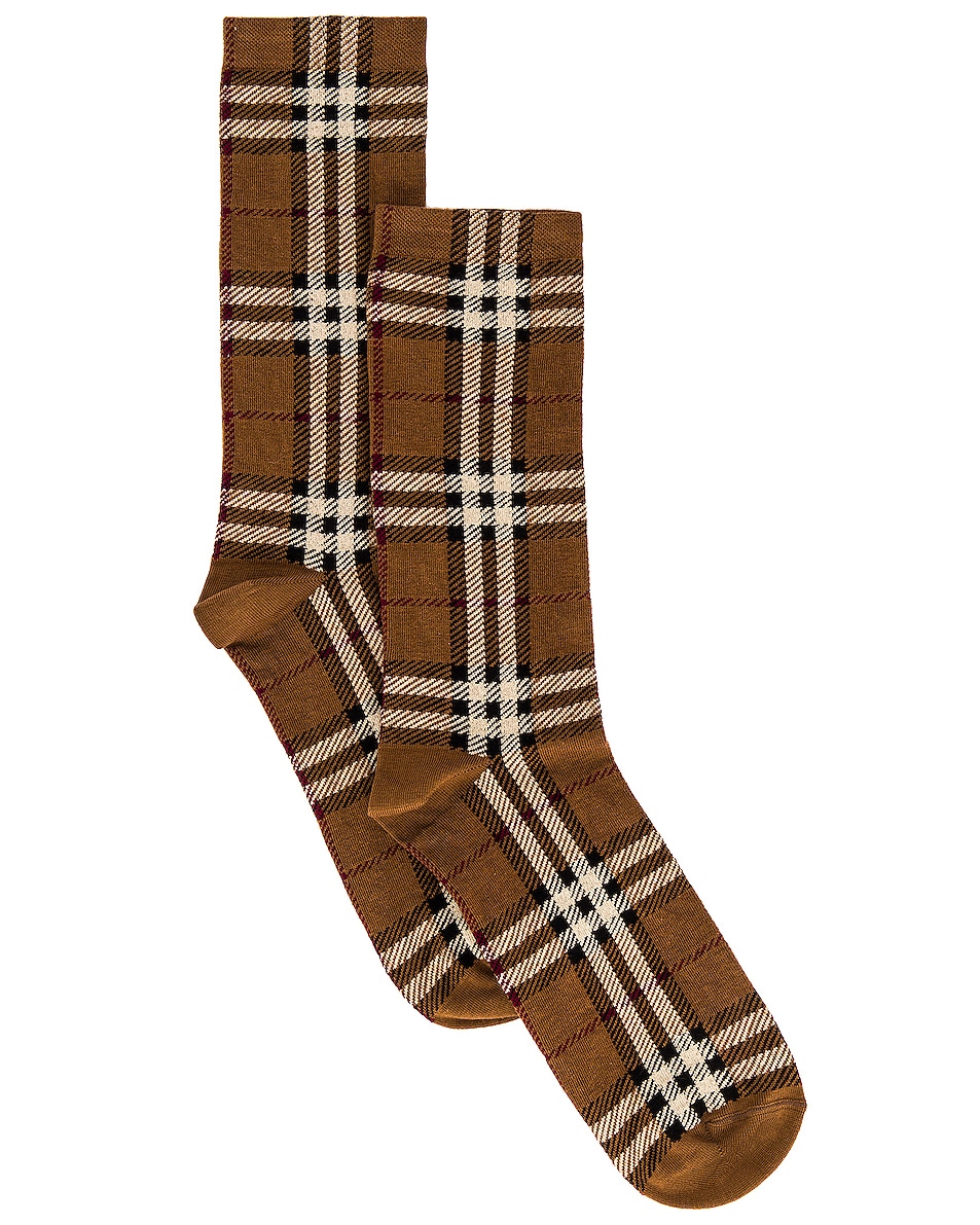 Image 1 of Burberry Cotton Cashmere Check Socks in Birch Brown