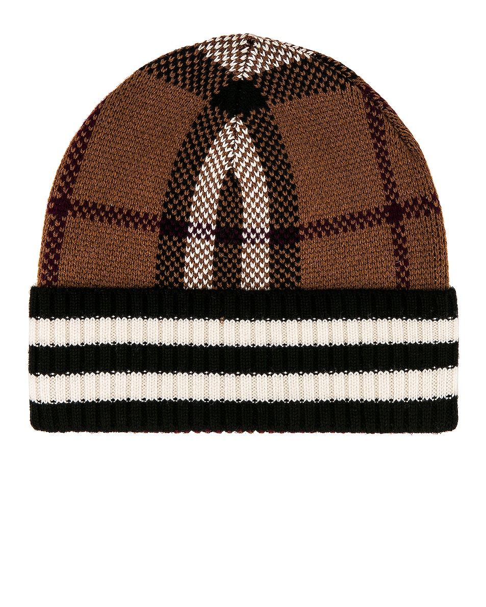 Image 1 of Burberry Small Check Knit Beanie in Dark Birch Brown