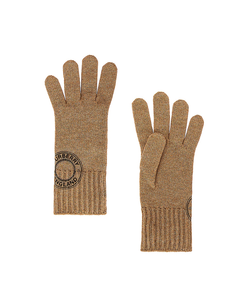 Image 1 of Burberry Graphic Logo Cashmere Gloves in Camel