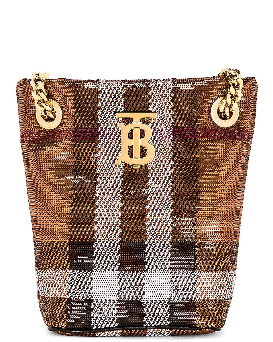 Image 1 of Burberry Lola Sequin Check Bucket Bag in Dark Birch Brown